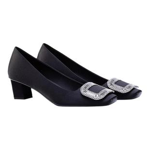 rv方扣单鞋粗跟钻扣黑色气质浅口方头中跟丝绸缎高跟鞋婚鞋单鞋