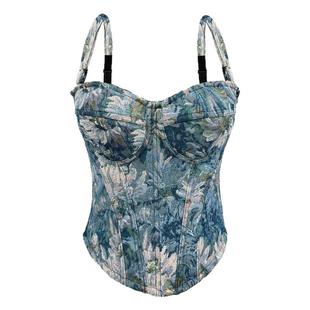 莫奈花园印碎花外穿鱼骨胸衣钢圈背心吊带短款上衣打底内搭抹胸垫