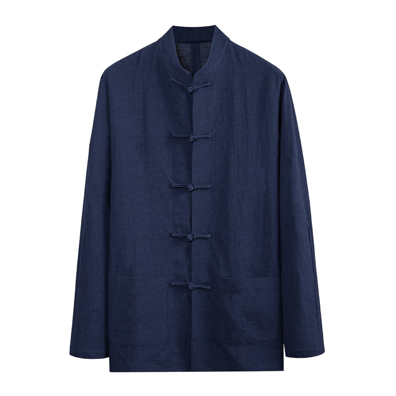 由天丨中国风唐装男装棉麻衬衫复古风男士亚麻衬衣中式长袖打底衫