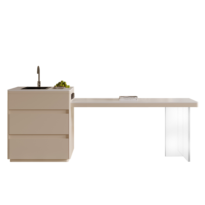 奶油风岩板岛台餐桌一体悬浮家用可伸缩小户型现代带水槽简约倒台