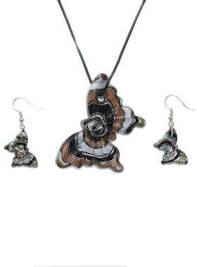 黑色蝴蝶琉璃耳环项链套装