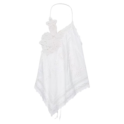 刺绣钩花系带花朵不对称上衣吊带