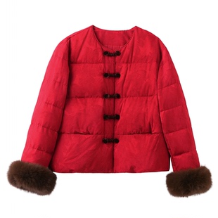 轻奢狐狸毛红色提花羽绒服女2025冬季超好看国风盘扣减龄漂亮外套