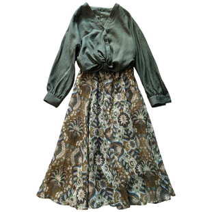 VANLU | 绿野仙踪 复古高级套装 V领扭结苎麻天丝衬衣+印花半身裙