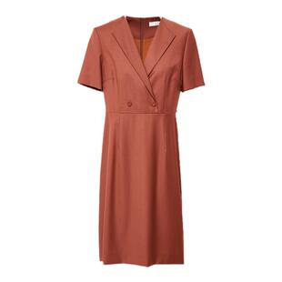 TENGS滕氏女装夏季新款气质棕红通勤V领连衣裙纽扣装饰修身X廓形