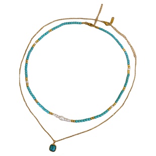 绝美叠戴!仿蓝绿松石珍珠双层项链女款2026新款高级感锁骨链颈链