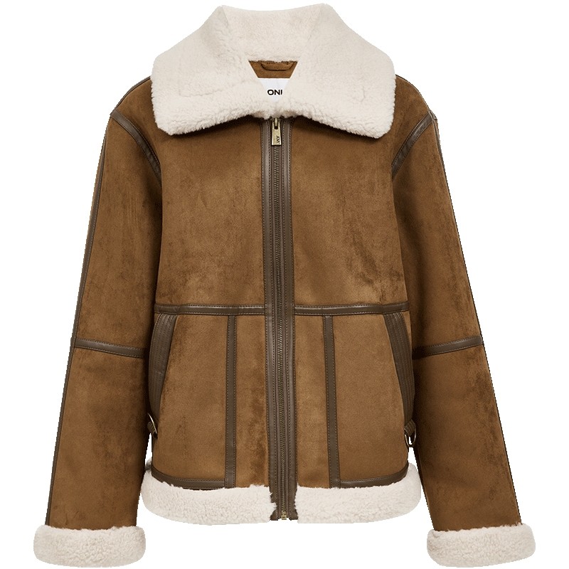 ONLY2025冬季新款游牧风羊羔毛大翻领复古实用口袋撞色夹克女