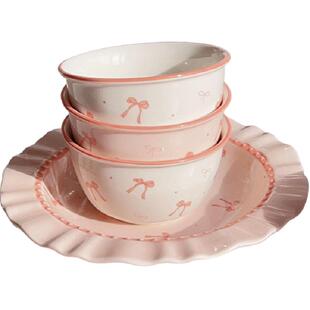 佩尔森蝴蝶结釉下彩餐具陶瓷家用盘子菜盘创意少女心可爱米饭碗