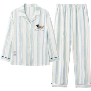 马克公主情侣睡衣女春秋新款纯棉长袖油画条纹男士可爱小狗家居服