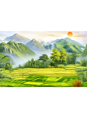 聚宝盆客厅招财装饰挂画旭日东升山水风景自粘画书房办公室靠山图