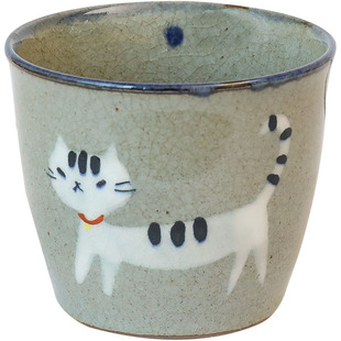 小葵川町屋 日本波佐见烧翔芳窑手绘陶瓷小猫手握杯釉下彩冰裂釉
