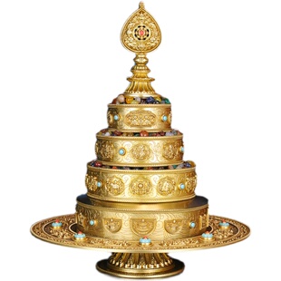 慧宝黄铜藏式曼扎盘三十七供雕刻八吉祥带宝石曼茶罗供佛修曼扎盘