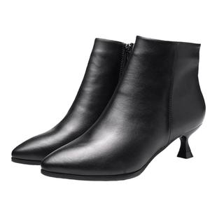 工装鞋女秋冬黑色加绒高跟鞋猫跟3厘米低跟女靴裸靴尖头细跟短靴