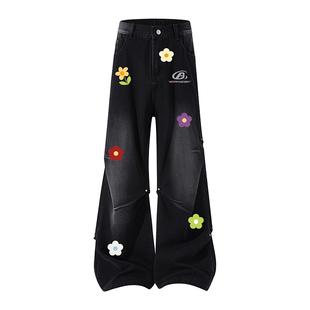 查尔斯桃心美式花卉印花高街牛仔裤男女款春秋季宽松直筒休闲长裤