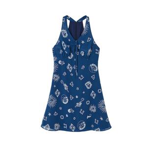 SOMESOWE 复古印花法式蓝色度假风V领收腰背心连衣裙