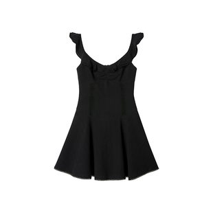 【叛逆成长史】Uena美式复古黑色荷叶v领花边收腰A字吊带连衣裙女