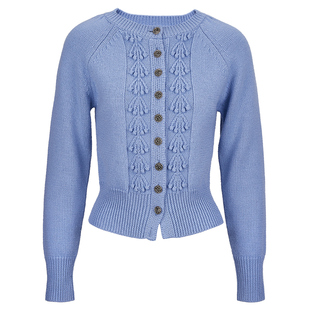 Elwing原创复古孔雀蓝薄羊毛假两件春款外搭针织开衫女