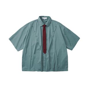 Unvesno (UN) 复古条纹衬衣日系古着切割线领带短袖衬衫夏季穿搭