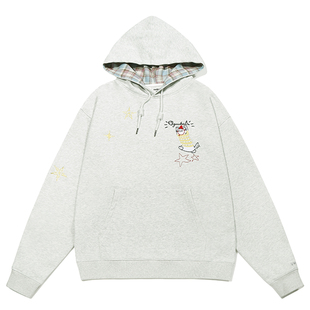 GUUKA星星刺绣长袖卫衣女款重磅纯棉加绒 猫咪格子连帽衫落肩上衣