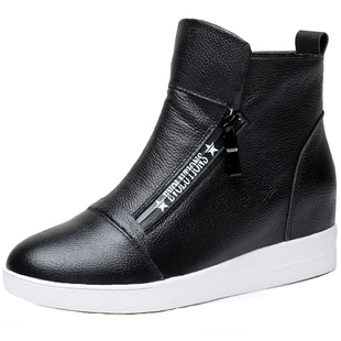 韩版休闲高帮鞋内增高乐福鞋真皮女鞋厚底鞋小码33码34码春秋单靴