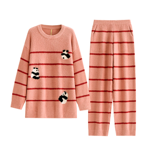 家乐芬睡衣女士秋冬季半边绒家居服软绵绵条纹卡通加厚加绒珊瑚绒