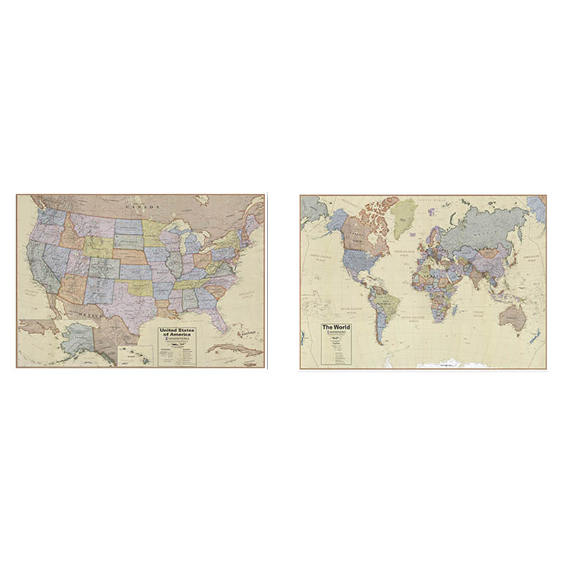 英文复古风世界美国书房墙画地图