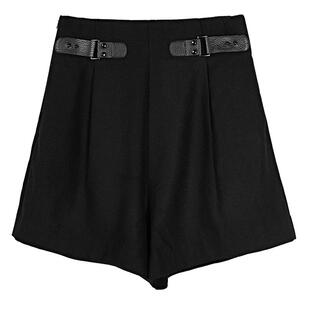 sdeer圣迪奥热裤新品女装时尚皮质拼接毛呢A字短裤女裤S20480902