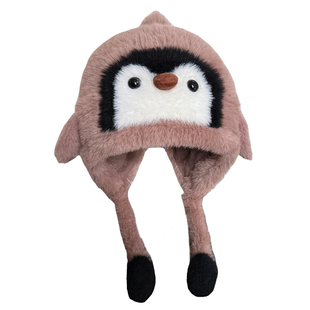 捏一捏会响~卡通可爱小企鹅毛绒雷锋帽子女秋冬季加厚保暖护耳帽