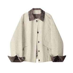 巴恩风格纹撞色翻领工装短外套女春秋超好看高级感休闲宽松夹克潮