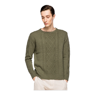圣雪绒秋冬新款纯羊绒衫男圆领复古阿兰绞花休闲针织套衫渔夫毛衣