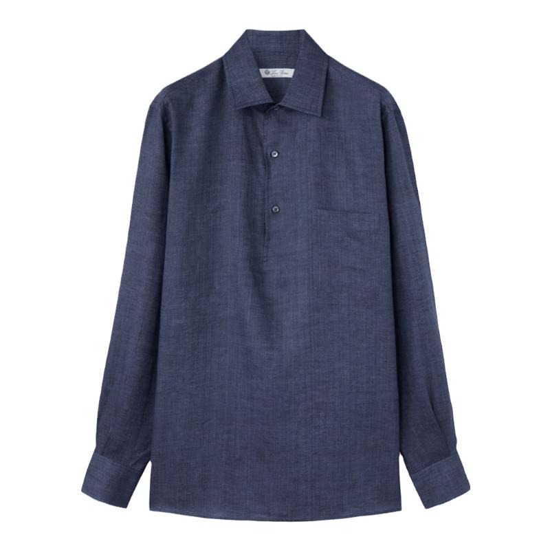 Loro Piana/诺悠翩雅男装亚麻帆布长袖马球领蓝色polo衫