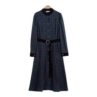 MP英伦复古原创设计戴安娜皇室苏格兰格子立领气质长款连衣裙