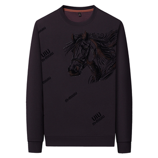 2026新年红色马图案卫衣男加绒加厚保暖本命年潮流帅气圆领上衣男