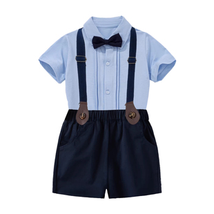 男宝宝周岁礼服套装夏季纯棉短袖背带裤婴幼儿生日抓周宴小西装潮