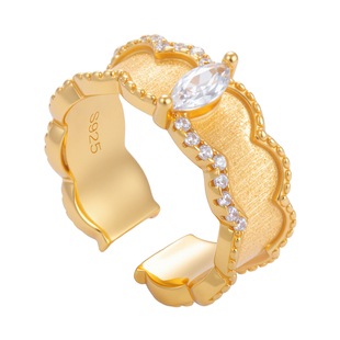 镶钻波浪戒指纯银女马眼食指戒中古拉丝小众个性轻奢金色戒指女士