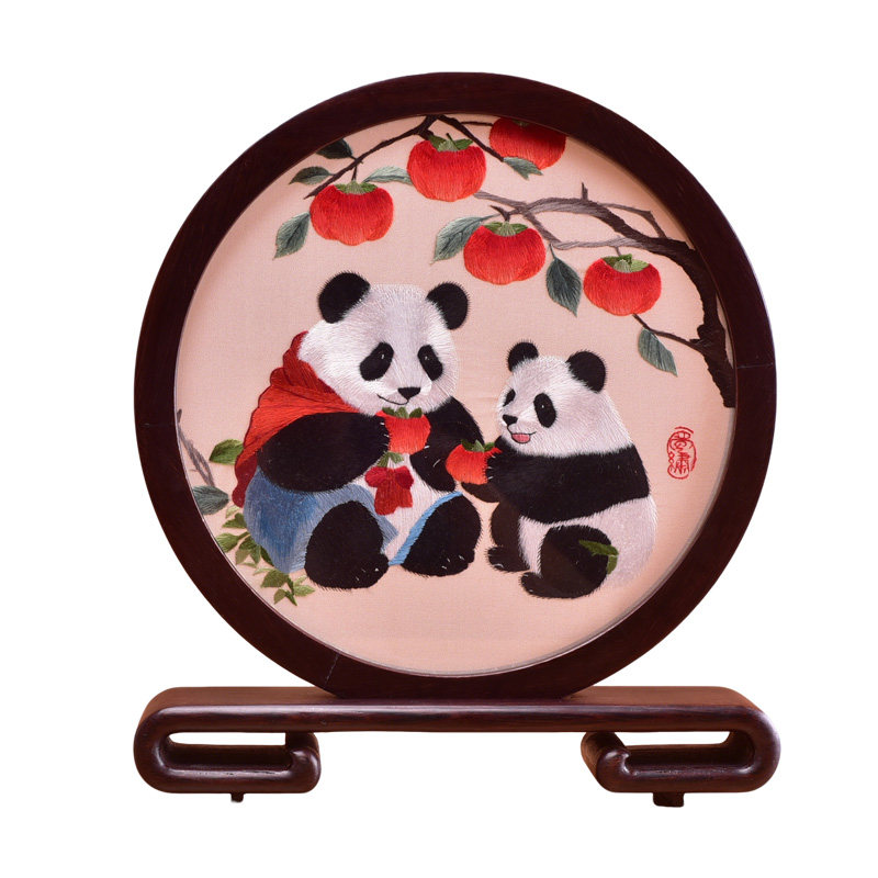 蜀绣熊猫鸡翅木屏风刺绣摆件可拆卸组合中式传统工艺品装饰民族风