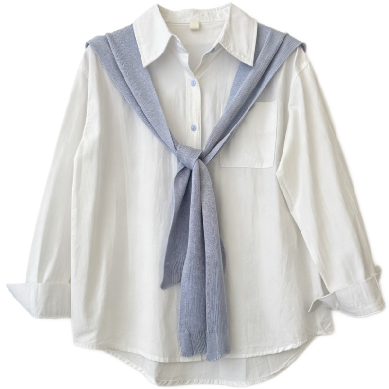 蓝色设计感披肩衬衫两件套装女秋