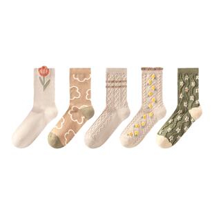 耐尔袜子女ins设计师春秋款森系复古驼绿花秋冬款女士中筒袜长袜