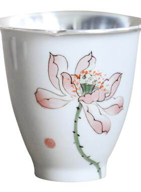 纯银时代瓷包银足银手绘茶杯品杯