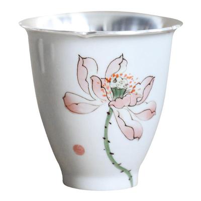 纯银时代瓷包银足银手绘茶杯品杯