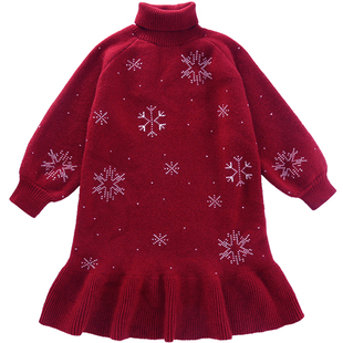 女童毛衣连衣裙2024新款秋装加厚宝宝针织衫中大童秋冬高领长裙子