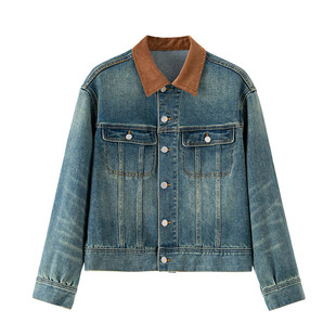 BANANA CICI2026年春季新款灯芯绒拼接翻领美式复古做旧牛仔外套