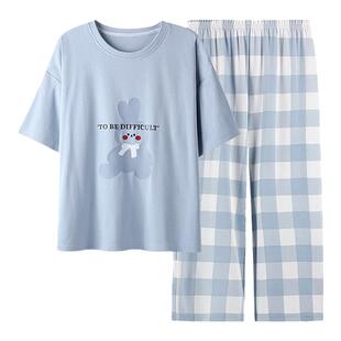 三枪睡衣女士夏季纯棉短袖七分裤全棉卡通夏天薄款休闲家居服套装