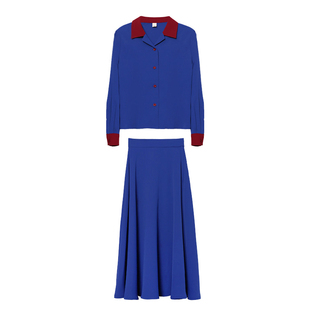 优雅蓝调~法式撞色小翻领优雅文艺范春秋季女装裙装套装两件套