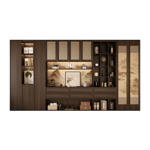 宋氏美学书柜高端实木博古架藤编中古风展示柜茶室整墙陈列柜定制