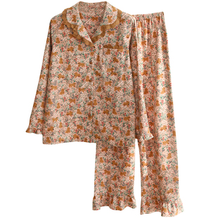 秋冬新款纯棉磨毛睡衣女小碎花全棉绒布秋冬长袖睡衣套装居家服