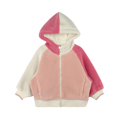 utouto冬季拼色毛绒连帽外套