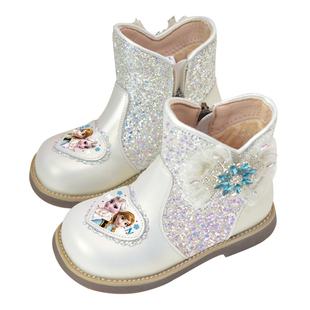 女童公主靴子中筒真皮短靴小女孩冬季软底加绒水钻亮片儿童马丁靴