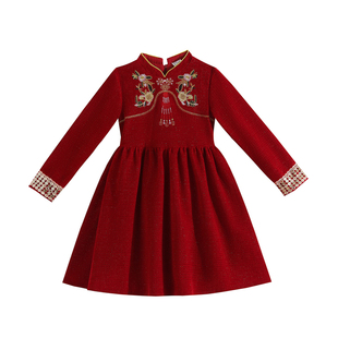 女童洋气连衣裙春秋款2025新款中大童冬季加绒裙子小女孩中式裙子