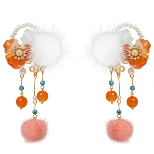 汉服头饰女儿童新年古风发夹珍珠流苏花朵可爱毛球对夹宝宝发饰品